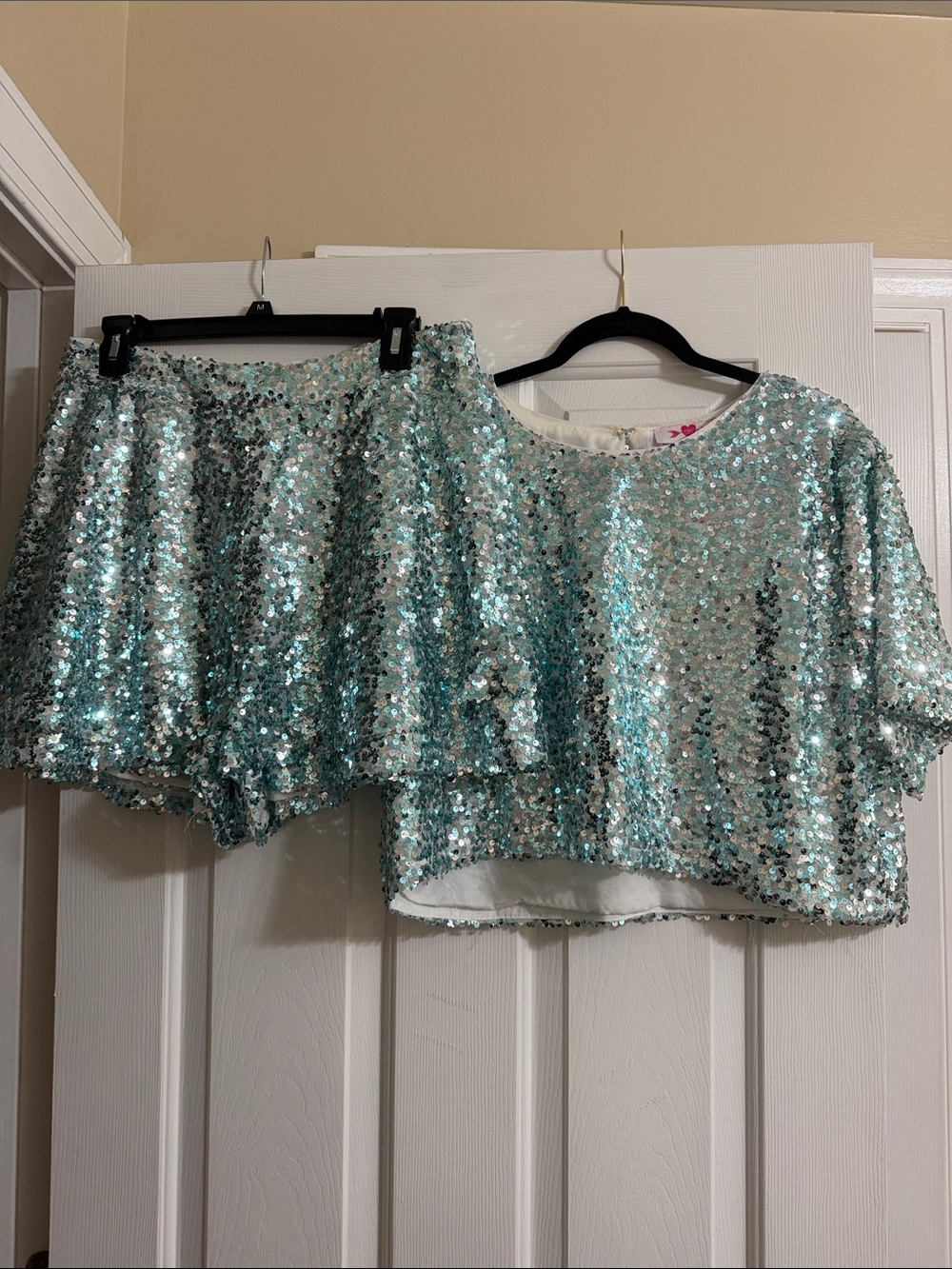Buddy Love Blue and Silver Sequin Two Piece Cropped Shirts and Short Set Large
